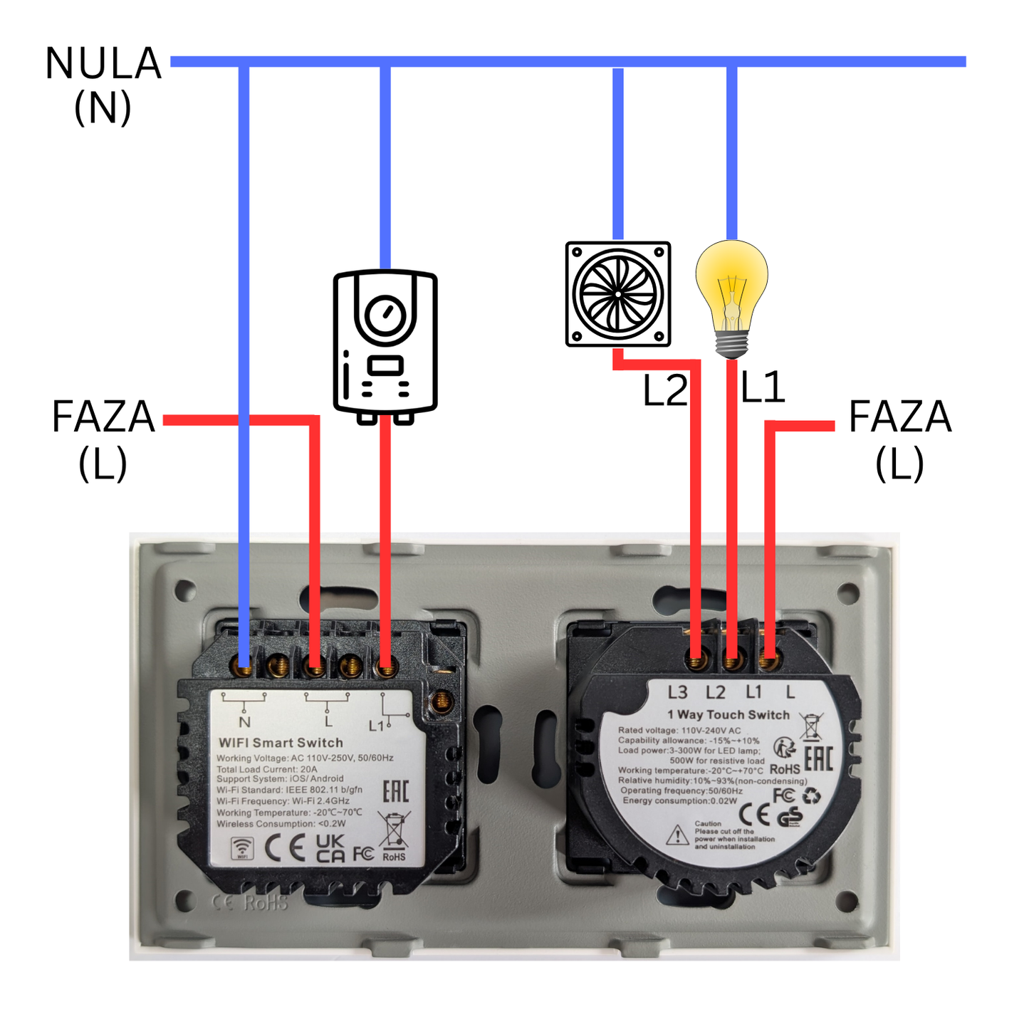 prekidac za kupatilo 2+1 - indikator - šema povezivanja