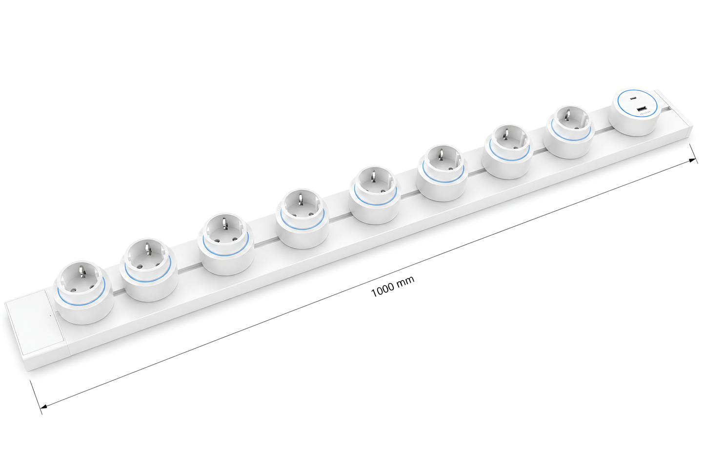 Šinska utičnica 100cm sa 8 šuko modula i 1 USB modulom - bela