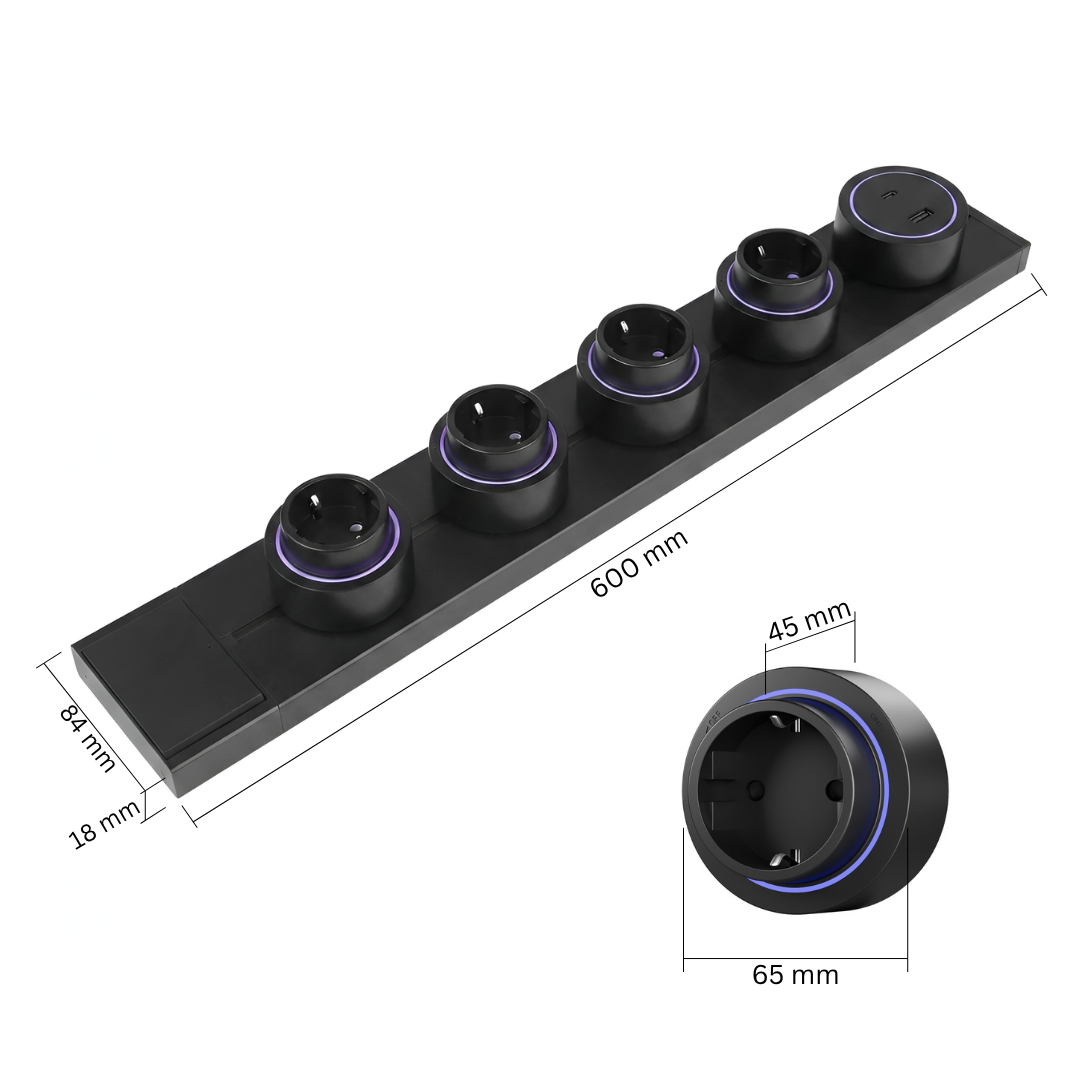 Šinska utičnica 60cm sa 4 šuko modula i 1 USB modulom - crna