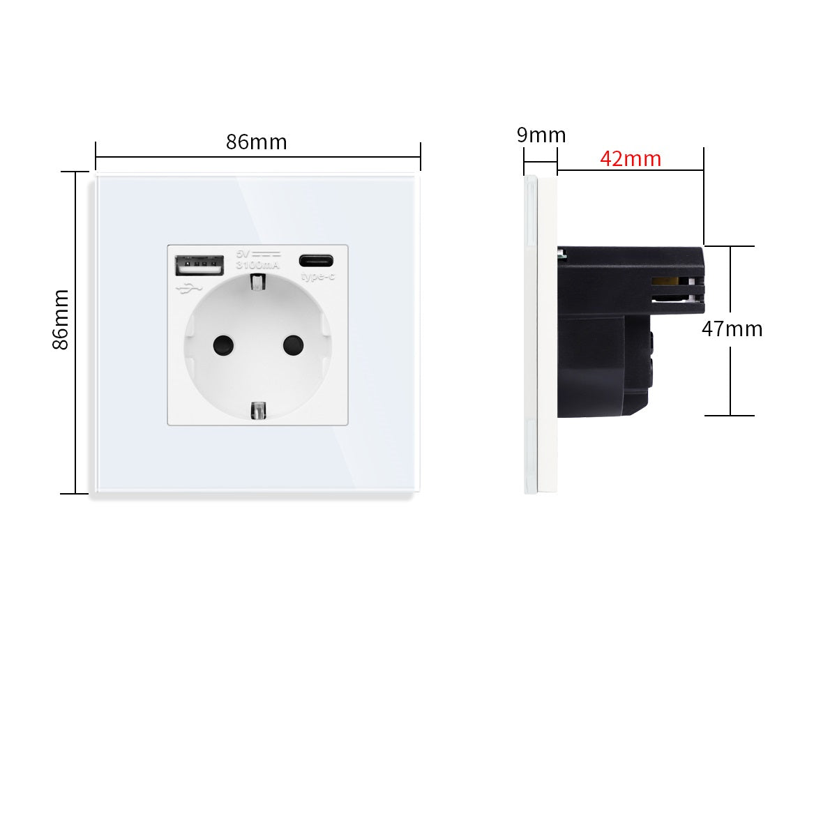 Utičnica stakleni panel sa USB A i C ulazom 20W - bela