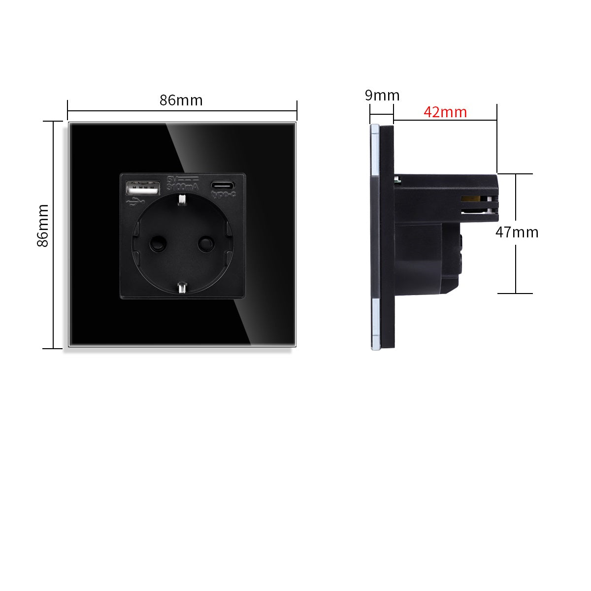 Utičnica stakleni panel sa USB A i C ulazom 20W - crna