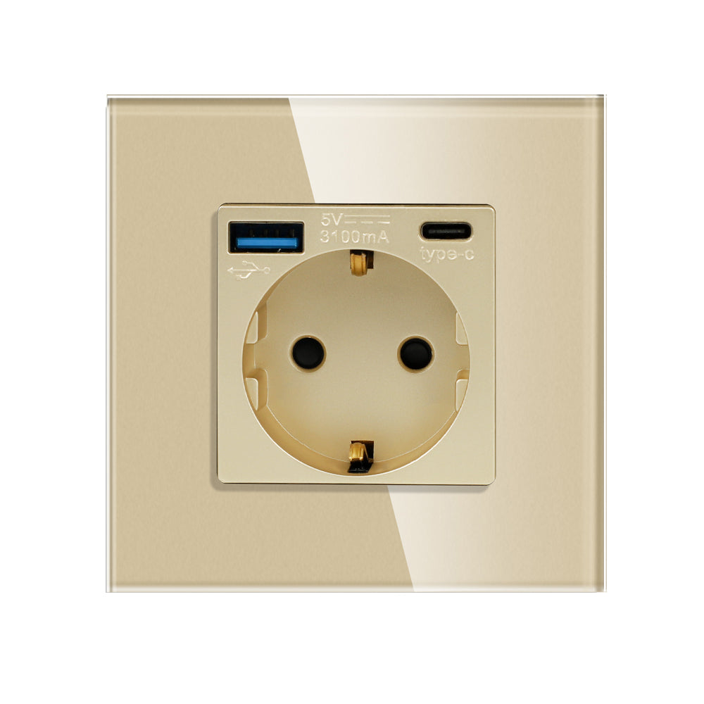 Utičnica stakleni panel sa USB A i C ulazom 20W - zlatna
