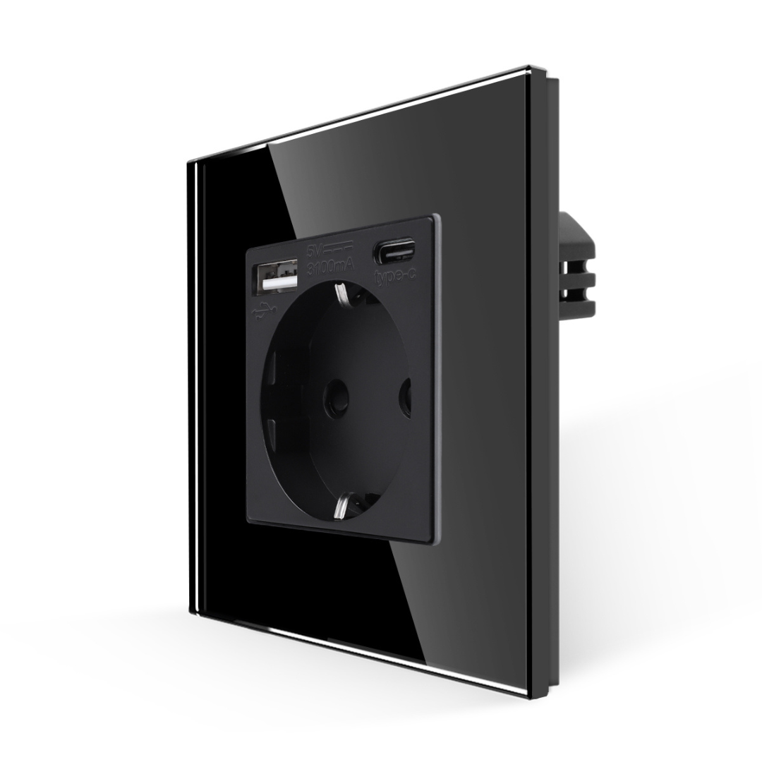 Utičnica stakleni panel sa USB A i C ulazom 20W - crna