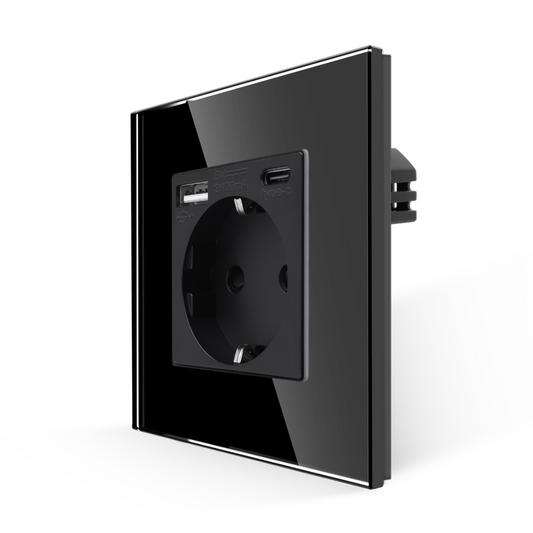 Utičnica stakleni panel sa USB A i C ulazom 20W - crna