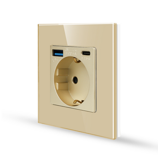 Utičnica stakleni panel sa USB A i C ulazom 20W - zlatna