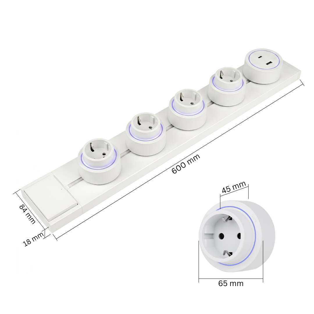 Šinska utičnica 60cm sa 4 šuko modula i 1 USB modulom - bela