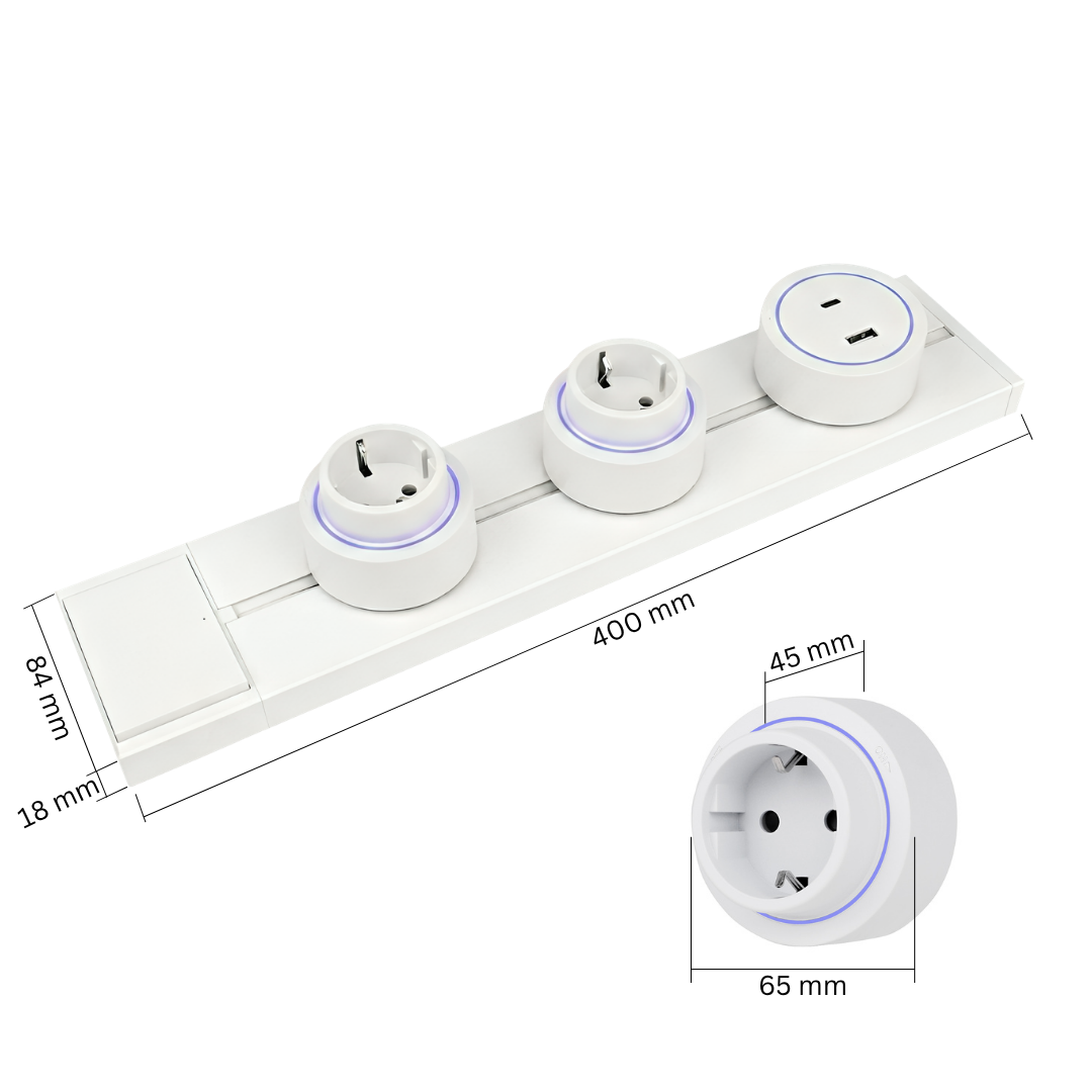 Šinska utičnica 40cm sa 2 šuko modula i 1 USB modulom - bela