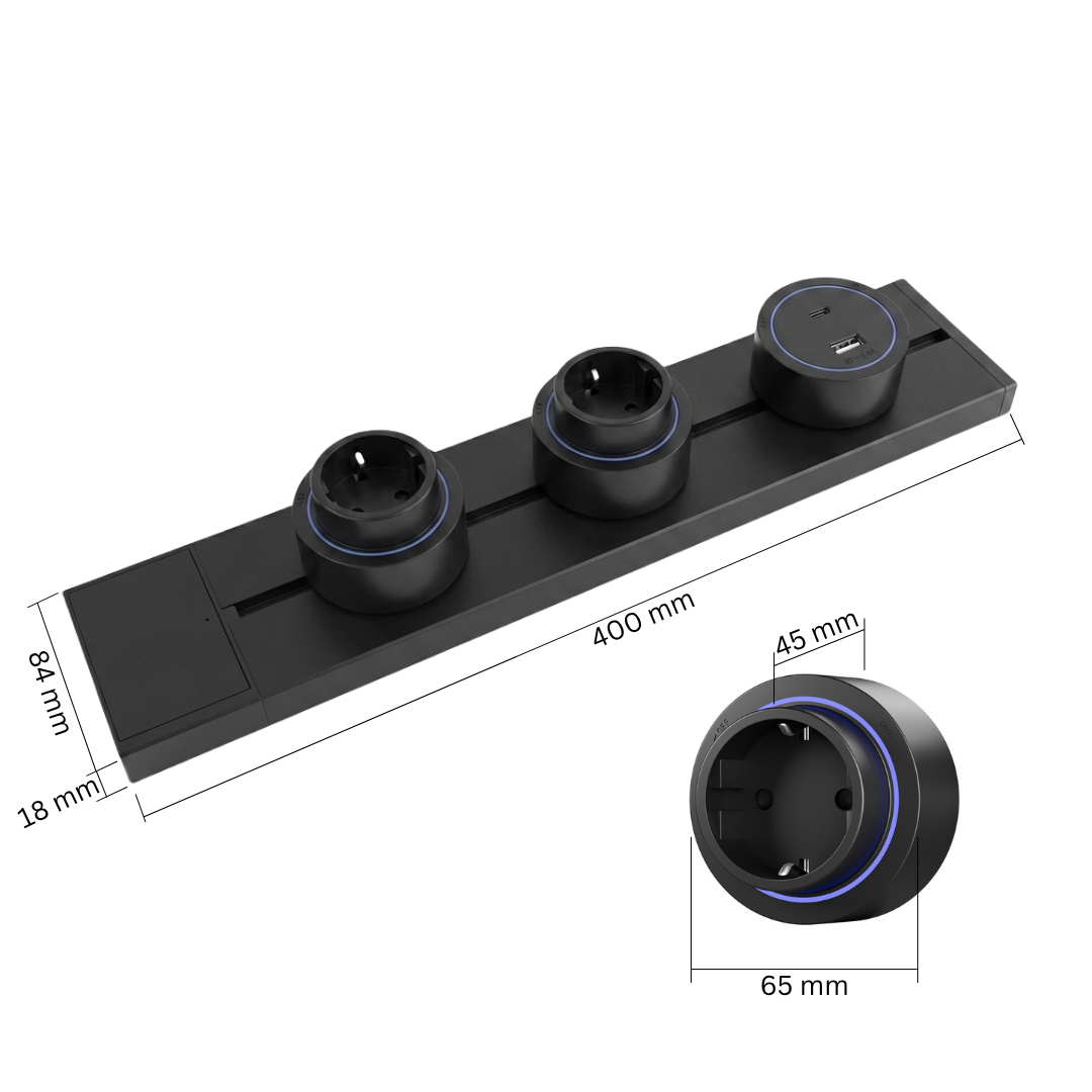 Šinska utičnica 40cm sa 2 šuko modula i 1 USB modulom - crna